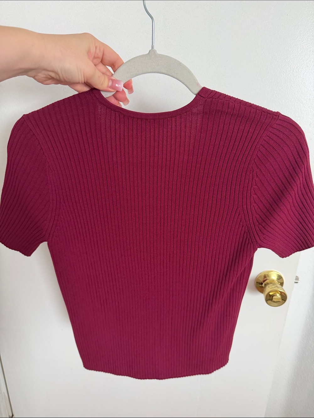 DKNY Short Sleeve Ribbed Zip-Front Top - Raspberry - Picture 12 of 12